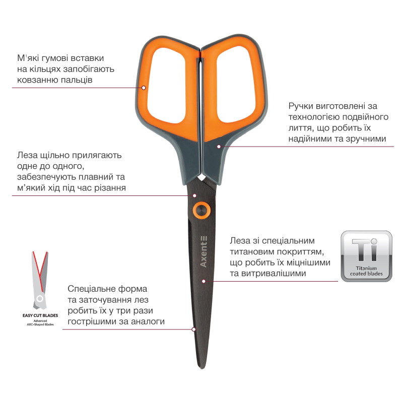 Ножиці Axent Titanium 6306-06-A, 19 см, з прогумованими ручками, сіро-помаранчеві